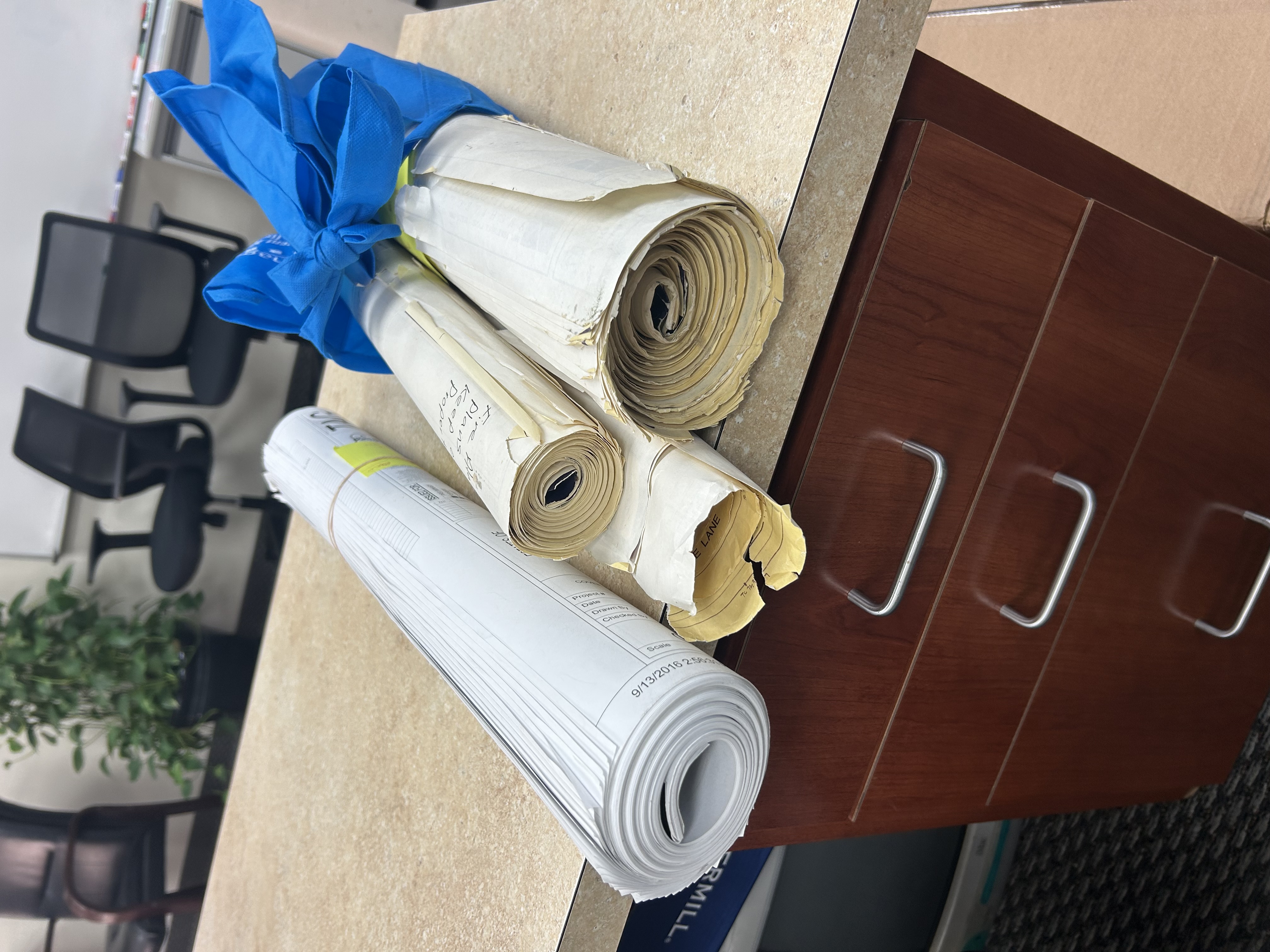 Rolled blueprints on counter